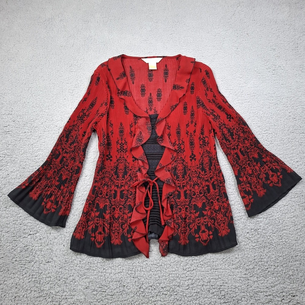 New York & Company Women's L Red Black Chiffon Chiffon Bell Sleeve Blouse Top